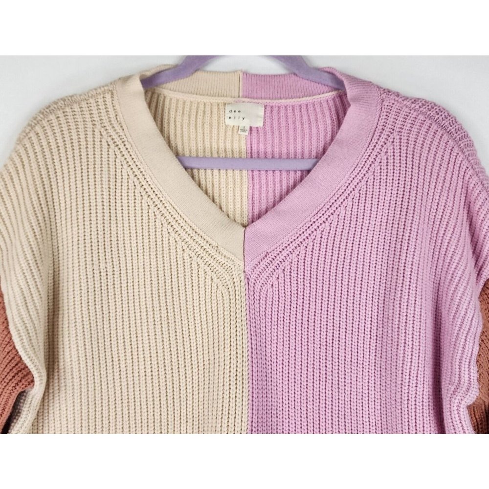 Dee Elly Sweater Womens Small Multi Color Block V Neck Knit Preppy Drop Shoulder - Picture 3 of 13